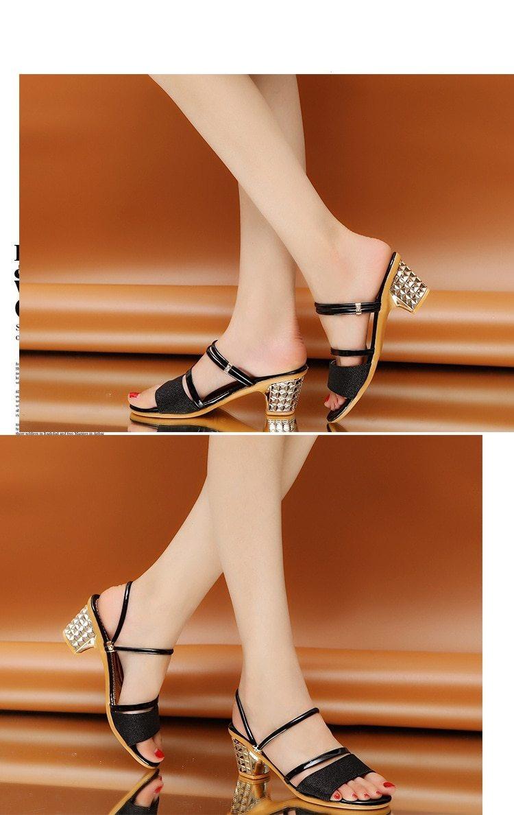 Gold Women Sandals Summer Open Toe High Heels Low Heel Shoes Ankle Strap High Women Sandals Women&