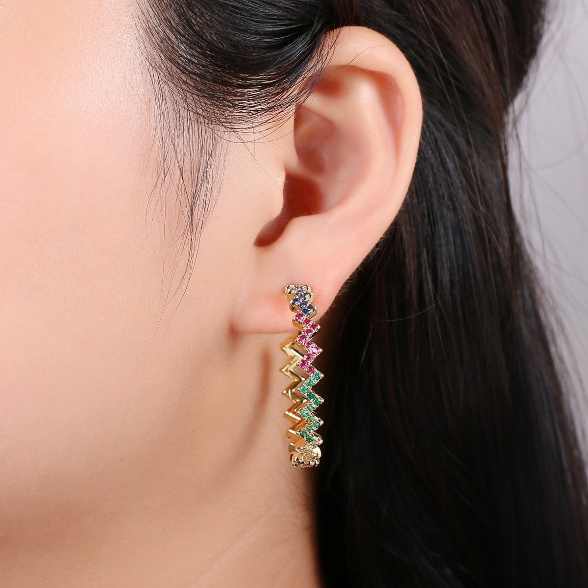 Gold Zig-Zag Hoop Earrings, Ziggy Open Hoop Earring Chevron Micro Pave Earring 14k Gold Filled Earring K-570 K-571