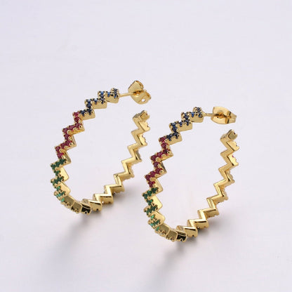 Gold Zig-Zag Hoop Earrings, Ziggy Open Hoop Earring Chevron Micro Pave Earring 14k Gold Filled Earring K-570 K-571