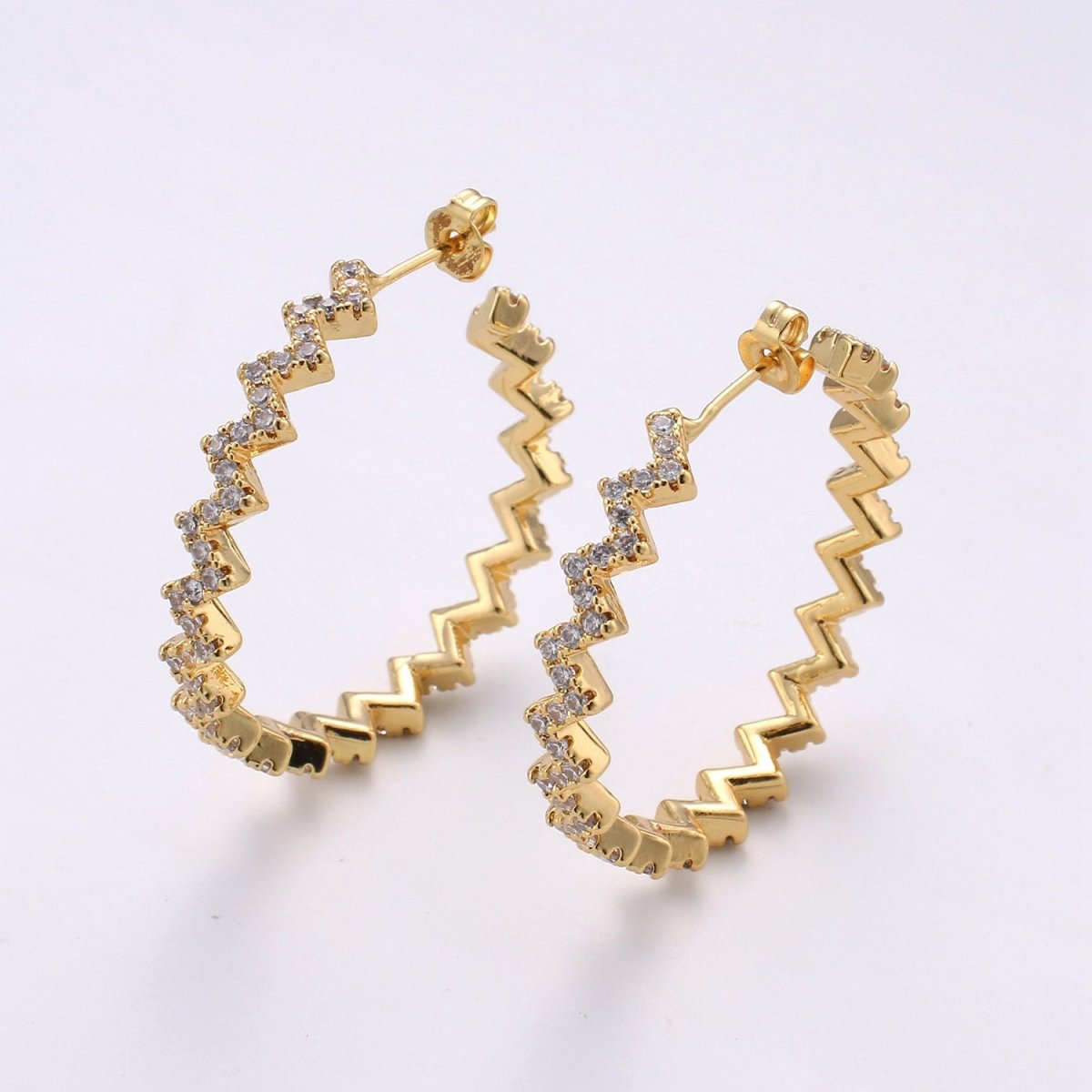 Gold Zig-Zag Hoop Earrings, Ziggy Open Hoop Earring Chevron Micro Pave Earring 14k Gold Filled Earring K-570 K-571
