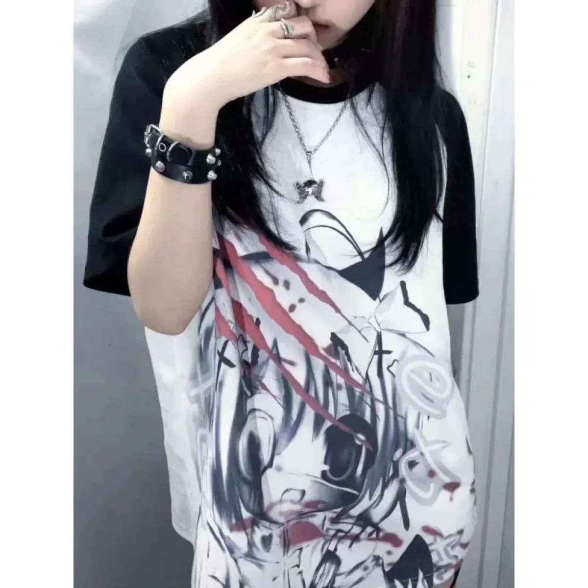 Black &amp; White Gothic Anime T-Shirt – Harajuku Y2K Graphic Top