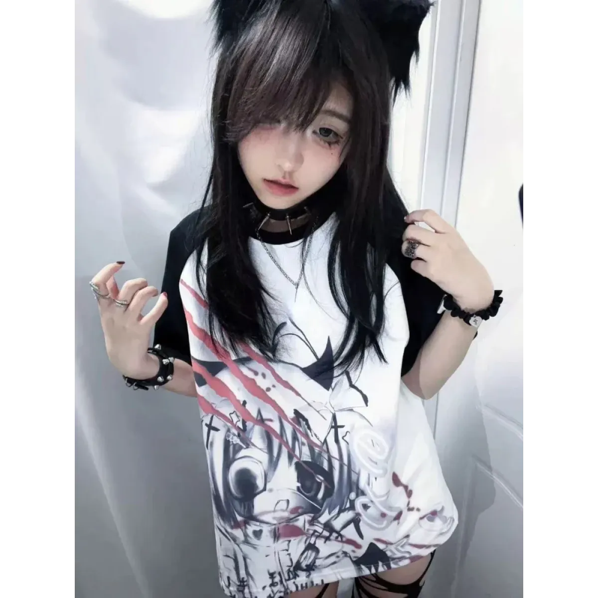 Black &amp; White Gothic Anime T-Shirt – Harajuku Y2K Graphic Top