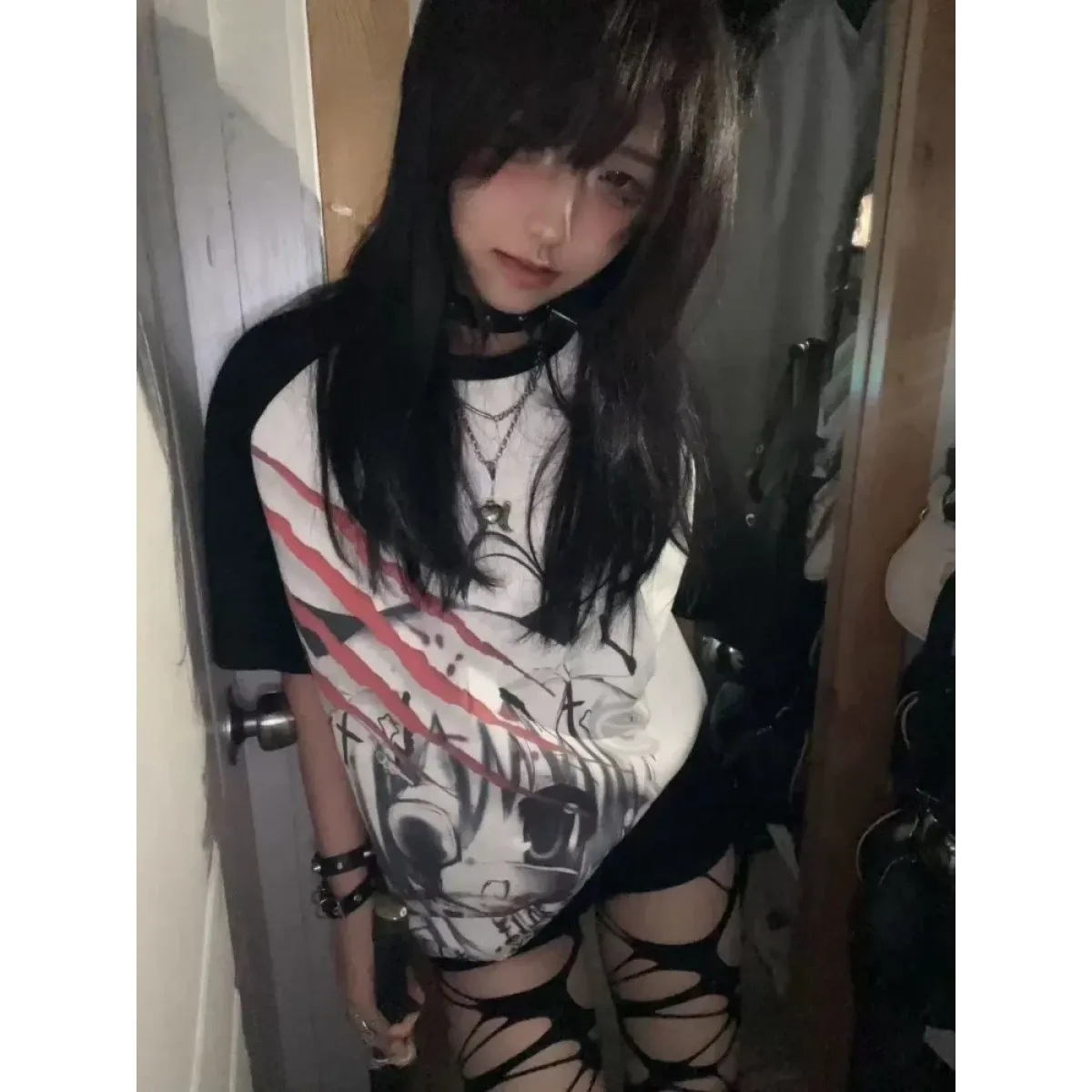 Black &amp; White Gothic Anime T-Shirt – Harajuku Y2K Graphic Top