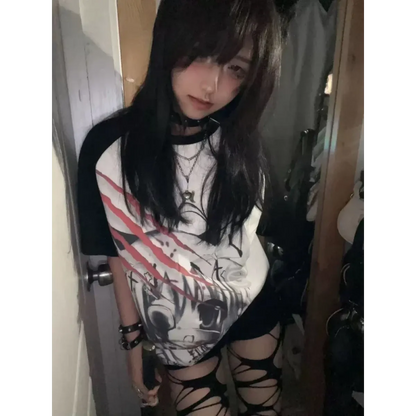 Black &amp; White Gothic Anime T-Shirt – Harajuku Y2K Graphic Top