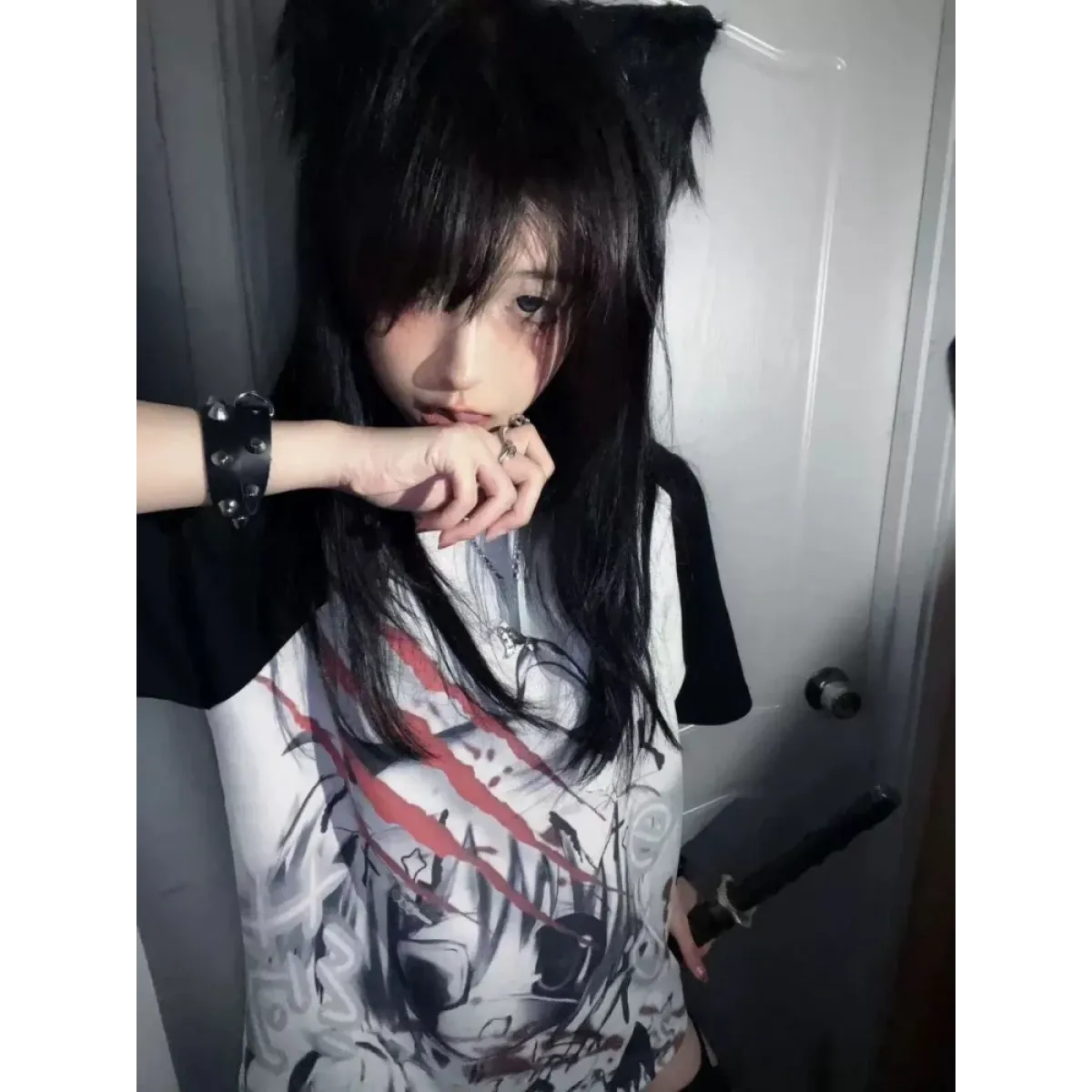Black &amp; White Gothic Anime T-Shirt – Harajuku Y2K Graphic Top
