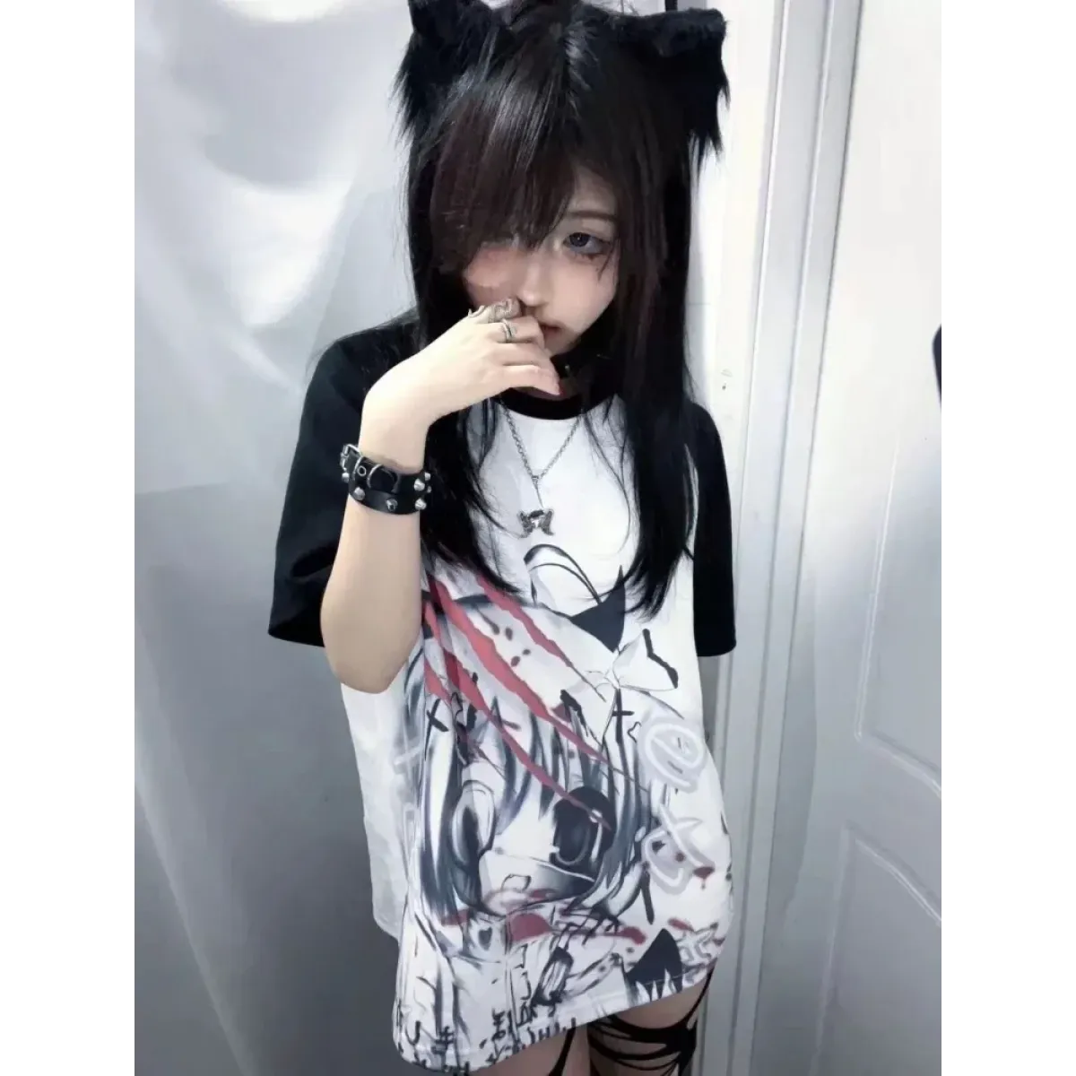 Black &amp; White Gothic Anime T-Shirt – Harajuku Y2K Graphic Top