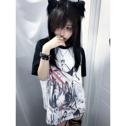 Black &amp; White Gothic Anime T-Shirt – Harajuku Y2K Graphic Top