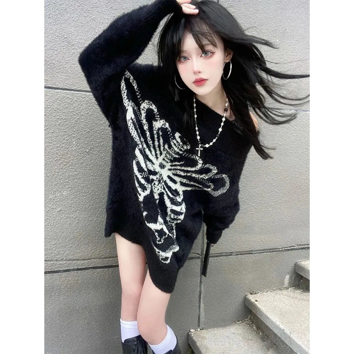 Black Skull Print Harajuku Sweater – Gothic Grunge Y2K Knitwear