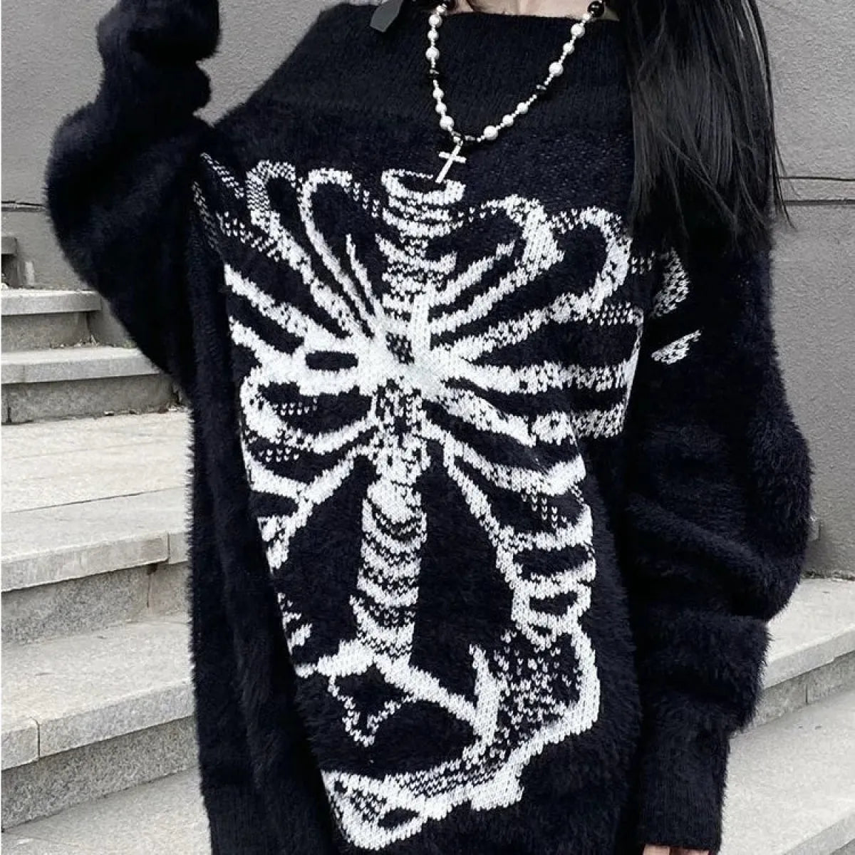 Black Skull Print Harajuku Sweater – Gothic Grunge Y2K Knitwear