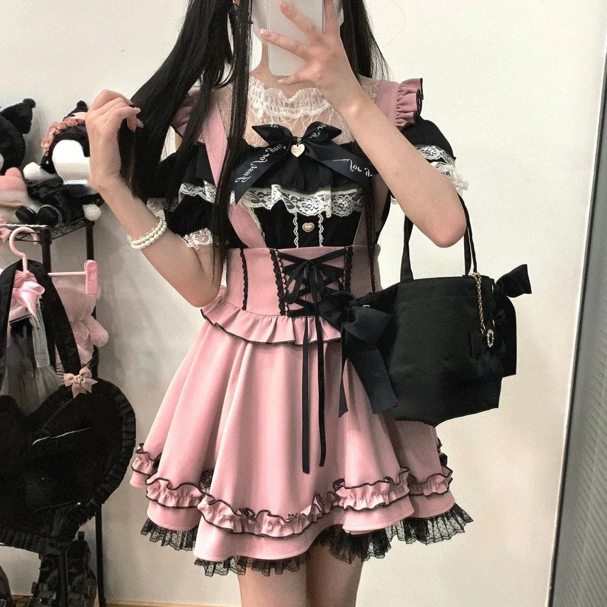 Gothic Lolita Suspender Skirt – Ruffle Lace Bow Mini Skirt