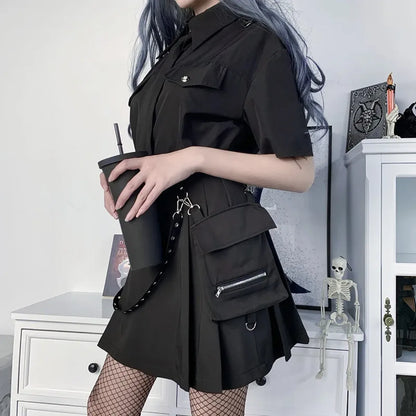Gothic Punk High Waist Mini Skirt – Chain Straps &amp; Utility Pockets