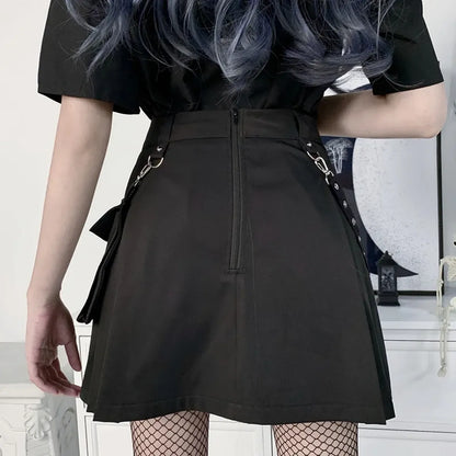 Gothic Punk High Waist Mini Skirt – Chain Straps &amp; Utility Pockets