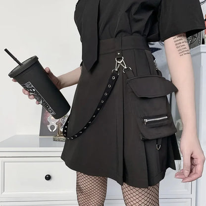 Gothic Punk High Waist Mini Skirt – Chain Straps &amp; Utility Pockets