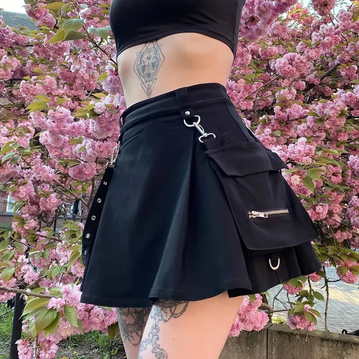Gothic Punk High Waist Mini Skirt – Chain Straps &amp; Utility Pockets