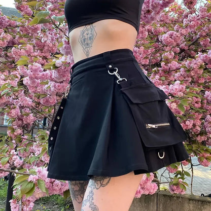 Gothic Punk High Waist Mini Skirt – Chain Straps &amp; Utility Pockets
