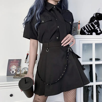 Gothic Punk High Waist Mini Skirt – Chain Straps &amp; Utility Pockets