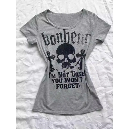 Gothic Punk Skull Print Tee – Y2K Vintage Slim Fit Top