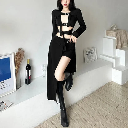 Gothic Techwear Mini Skirt – Irregular Hem, Buckle Detail, High Waist