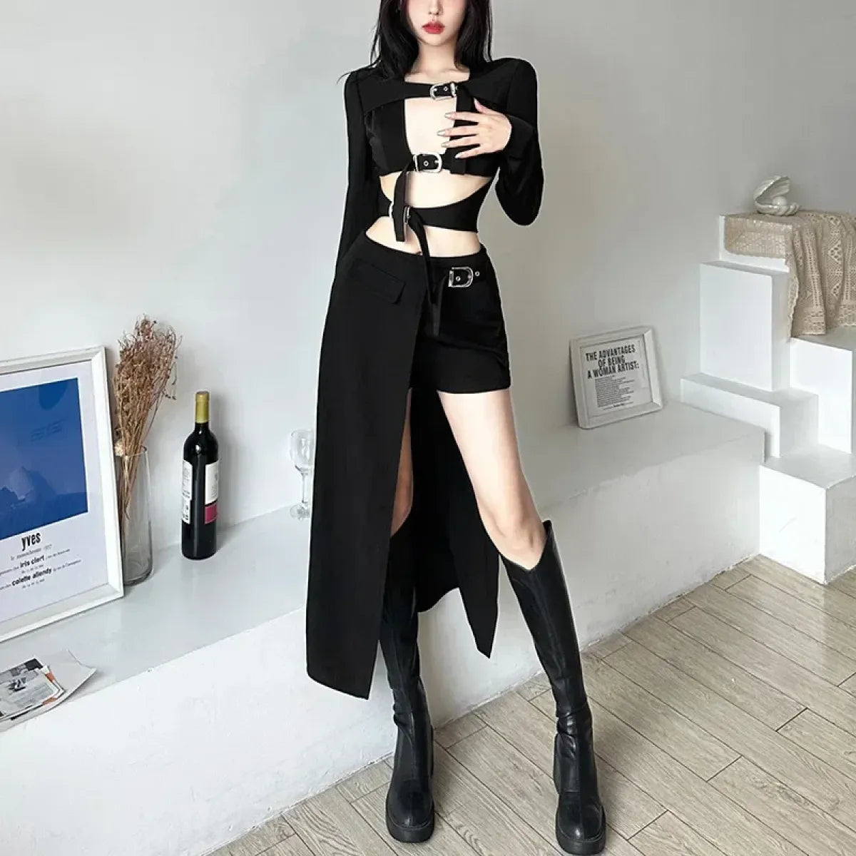 Gothic Techwear Mini Skirt – Irregular Hem, Buckle Detail, High Waist