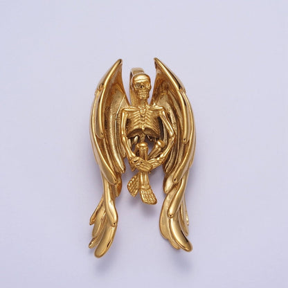 Gothic Winged Skeleton Stainless Steel Pendant in Gold &amp; Silver | X-665 X-666