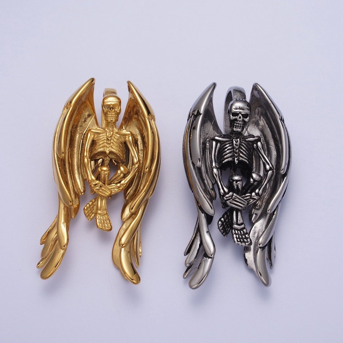 Gothic Winged Skeleton Stainless Steel Pendant in Gold &amp; Silver | X-665 X-666