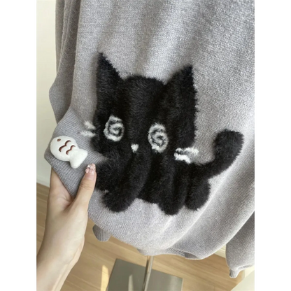 Gray Kawaii Cat Sweater Oversized Harajuku Soft Girl Pullover