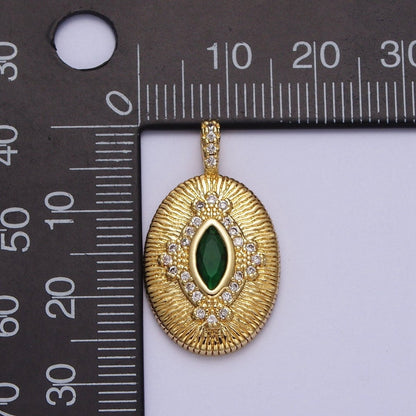 Green, Clear Marquise Line Textured Oval Micro Paved Gold Pendant  H-911 H-935