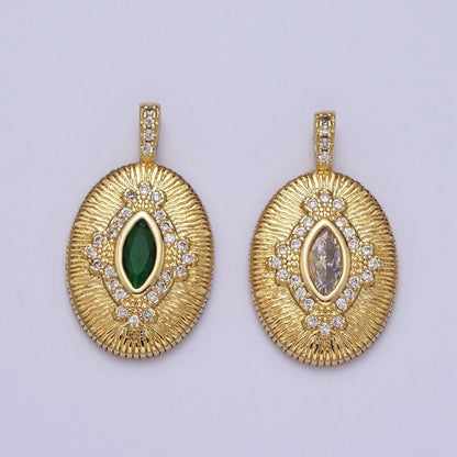 Green, Clear Marquise Line Textured Oval Micro Paved Gold Pendant  H-911 H-935