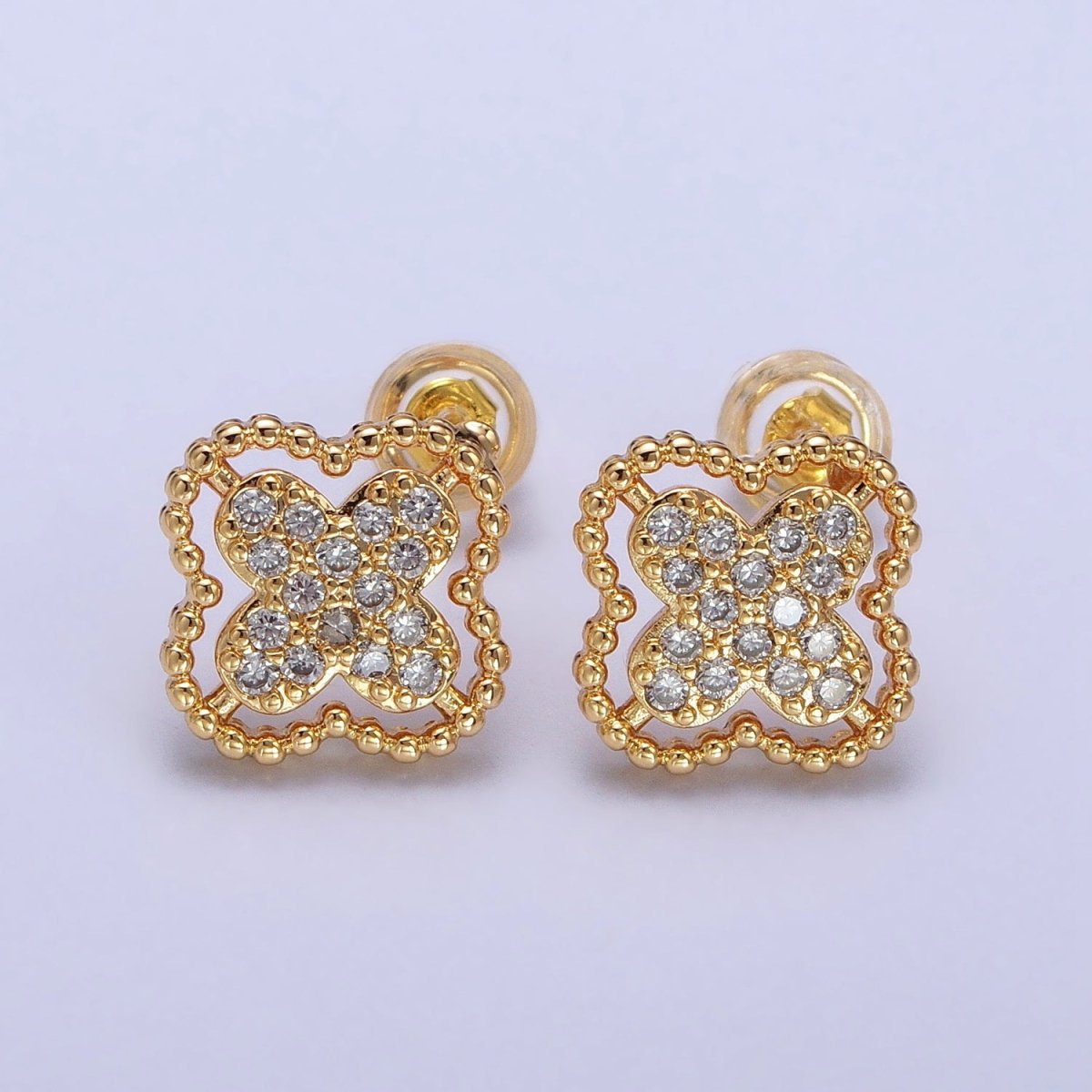 Green, Clear, Pink Micro Paved CZ Beaded Quatrefoil Clover Stud Earrings in Gold &amp; Silver | AB404 - AB409