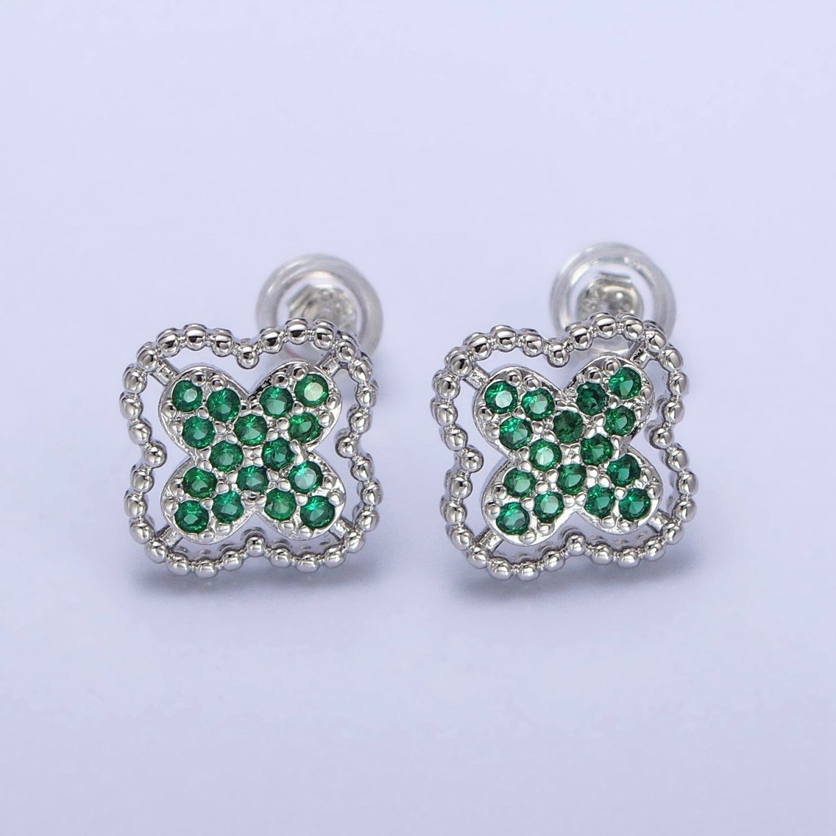 Green, Clear, Pink Micro Paved CZ Beaded Quatrefoil Clover Stud Earrings in Gold &amp; Silver | AB404 - AB409