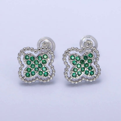 Green, Clear, Pink Micro Paved CZ Beaded Quatrefoil Clover Stud Earrings in Gold &amp; Silver | AB404 - AB409