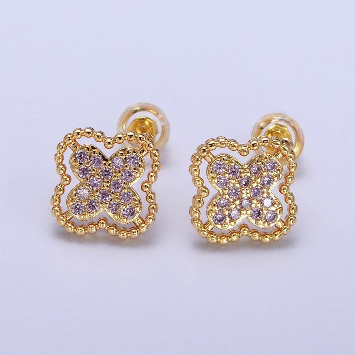 Green, Clear, Pink Micro Paved CZ Beaded Quatrefoil Clover Stud Earrings in Gold &amp; Silver | AB404 - AB409