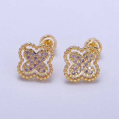 Green, Clear, Pink Micro Paved CZ Beaded Quatrefoil Clover Stud Earrings in Gold &amp; Silver | AB404 - AB409