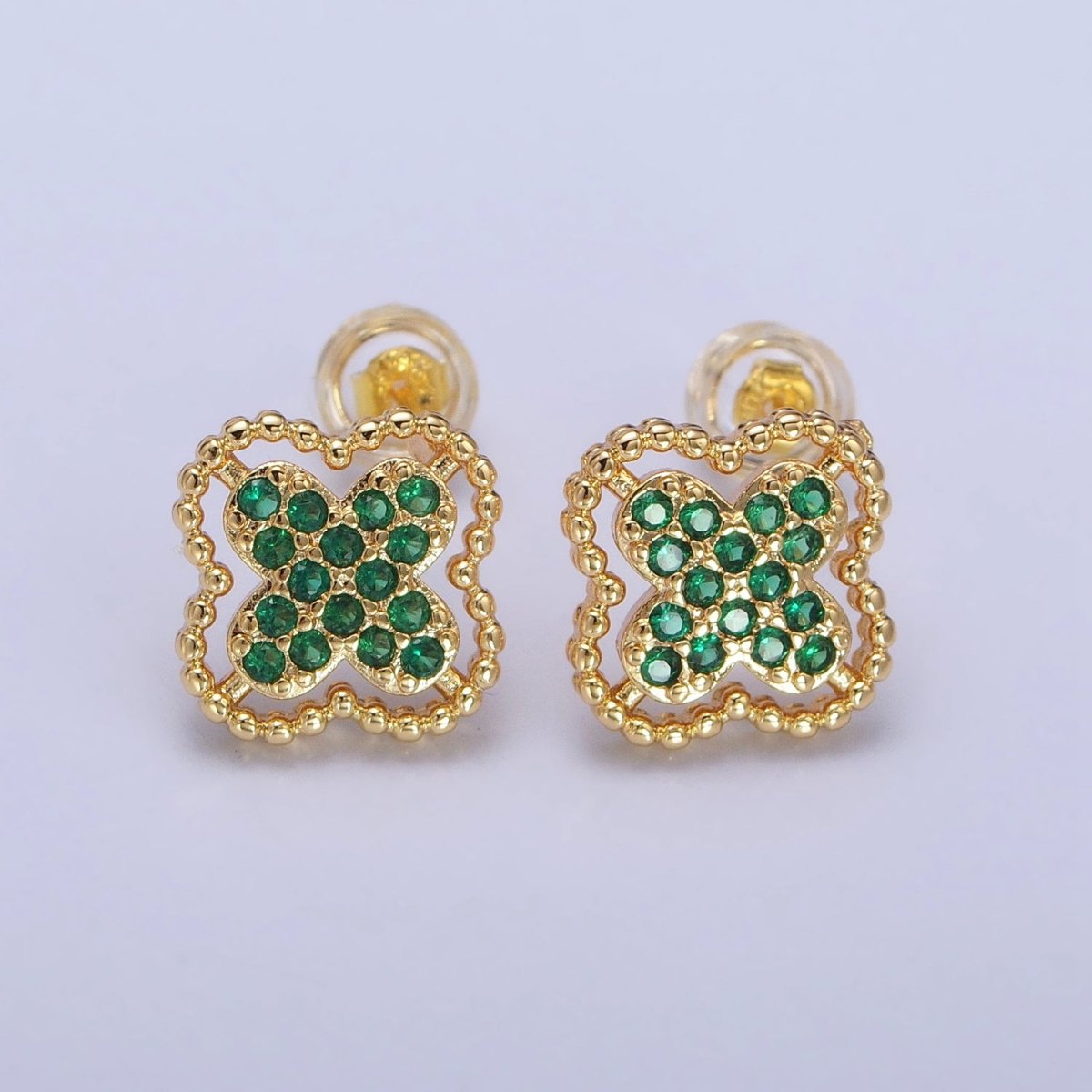 Green, Clear, Pink Micro Paved CZ Beaded Quatrefoil Clover Stud Earrings in Gold &amp; Silver | AB404 - AB409