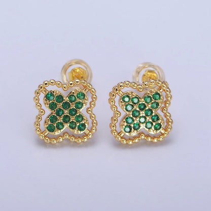 Green, Clear, Pink Micro Paved CZ Beaded Quatrefoil Clover Stud Earrings in Gold &amp; Silver | AB404 - AB409