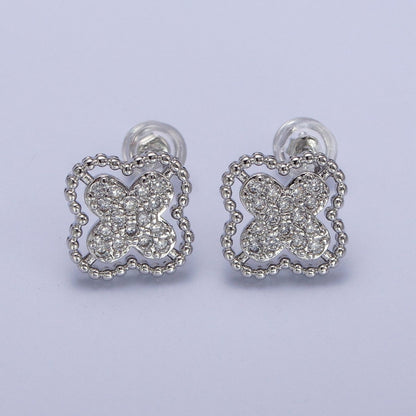 Green, Clear, Pink Micro Paved CZ Beaded Quatrefoil Clover Stud Earrings in Gold &amp; Silver | AB404 - AB409