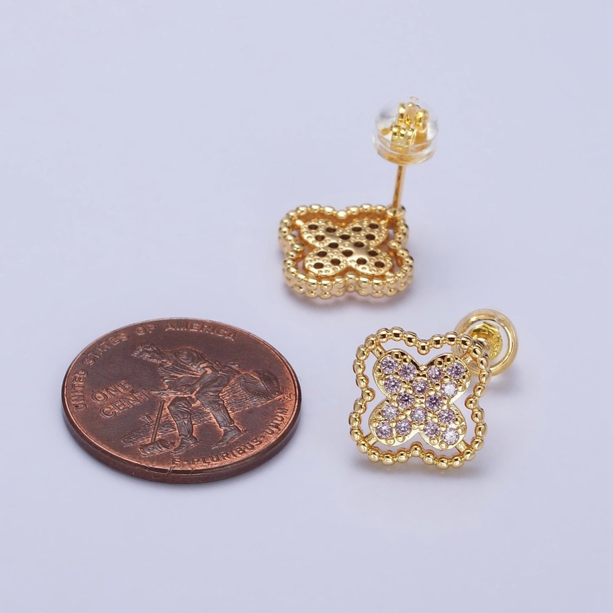 Green, Clear, Pink Micro Paved CZ Beaded Quatrefoil Clover Stud Earrings in Gold &amp; Silver | AB404 - AB409