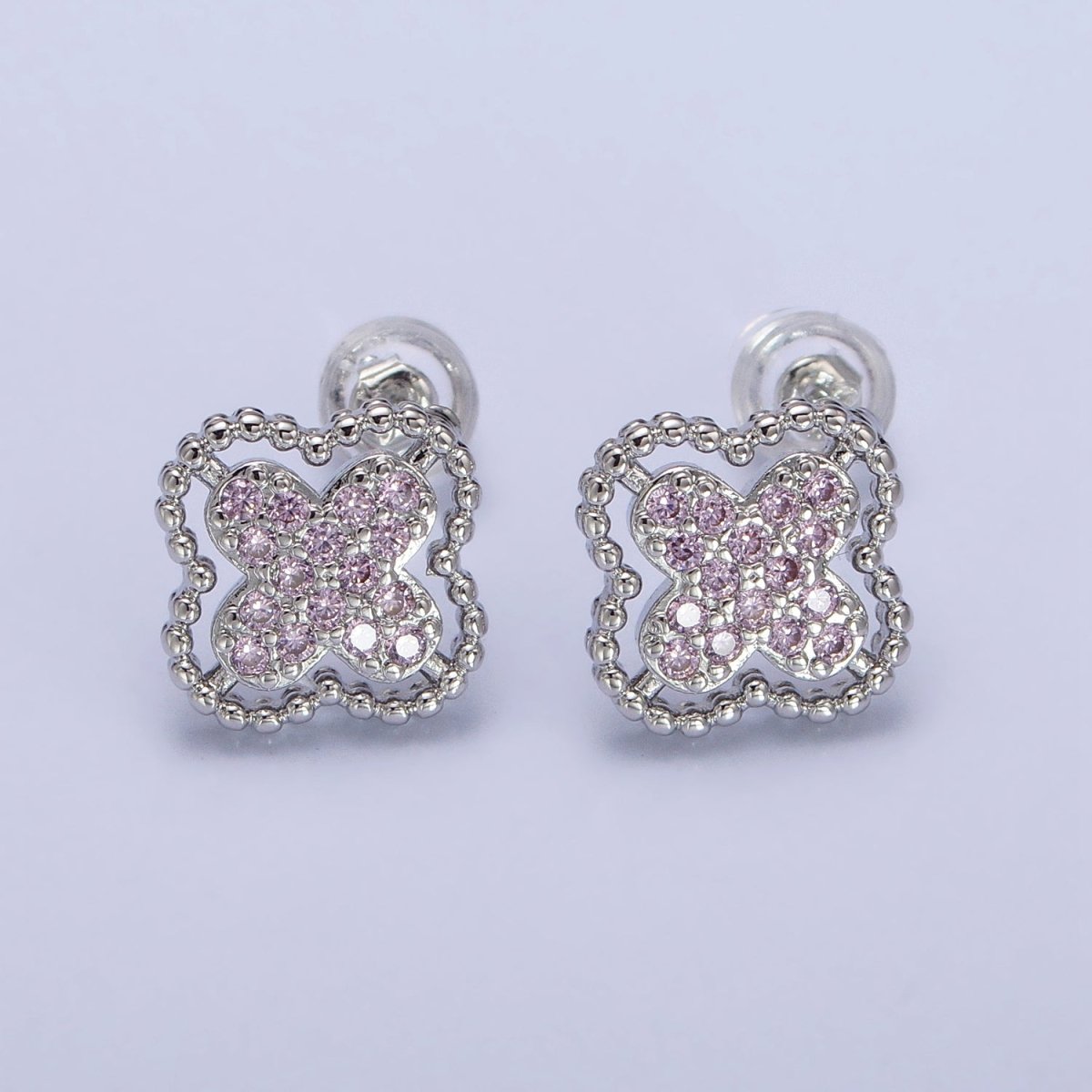 Green, Clear, Pink Micro Paved CZ Beaded Quatrefoil Clover Stud Earrings in Gold &amp; Silver | AB404 - AB409
