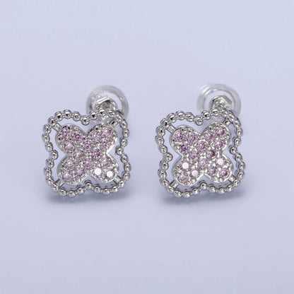 Green, Clear, Pink Micro Paved CZ Beaded Quatrefoil Clover Stud Earrings in Gold &amp; Silver | AB404 - AB409