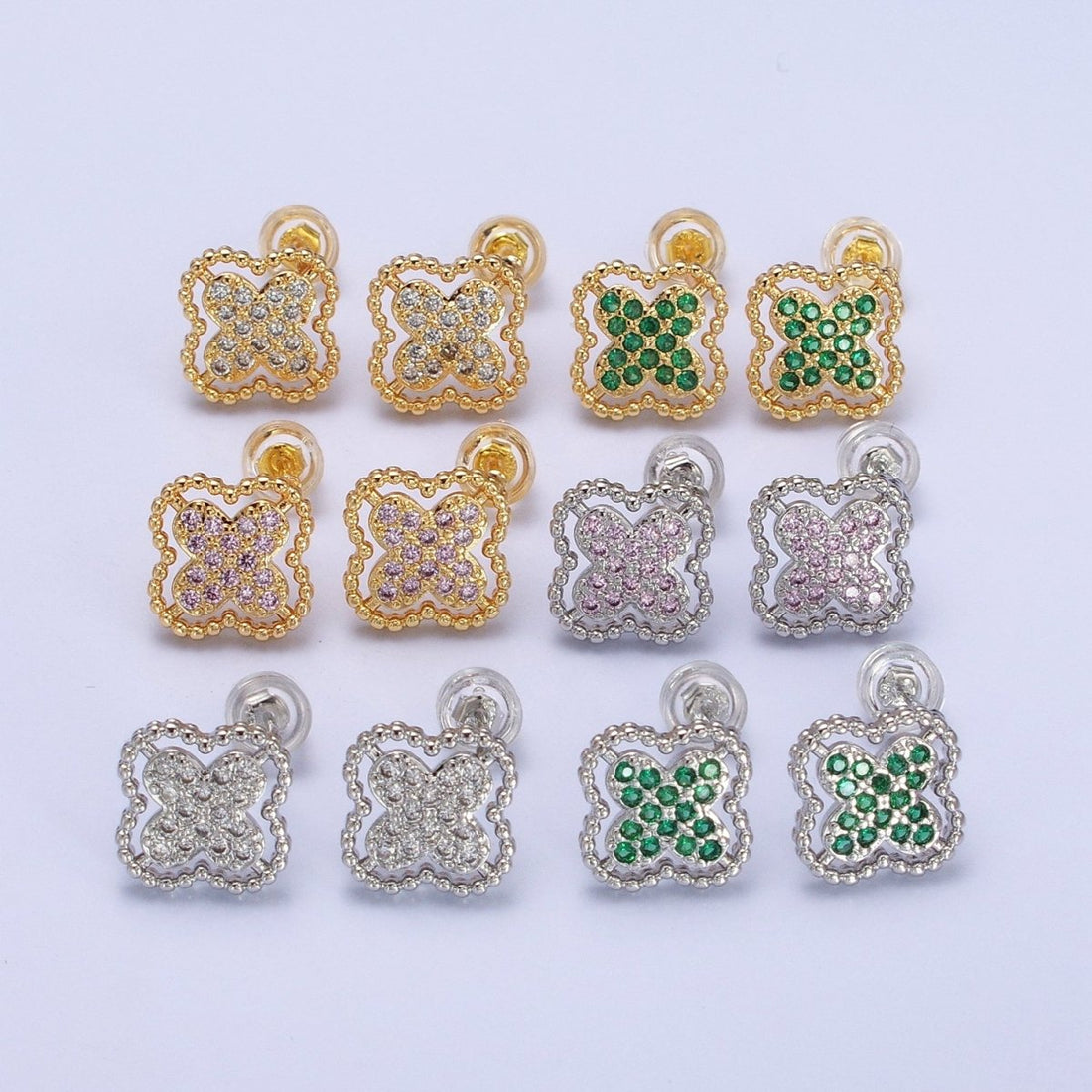 Green, Clear, Pink Micro Paved CZ Beaded Quatrefoil Clover Stud Earrings in Gold &amp; Silver | AB404 - AB409