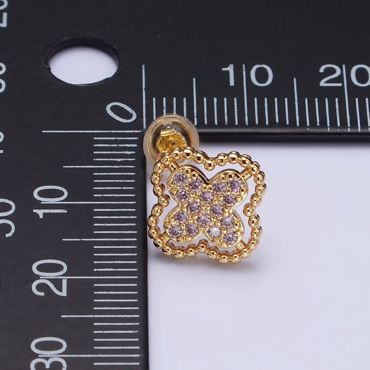 Green, Clear, Pink Micro Paved CZ Beaded Quatrefoil Clover Stud Earrings in Gold &amp; Silver | AB404 - AB409