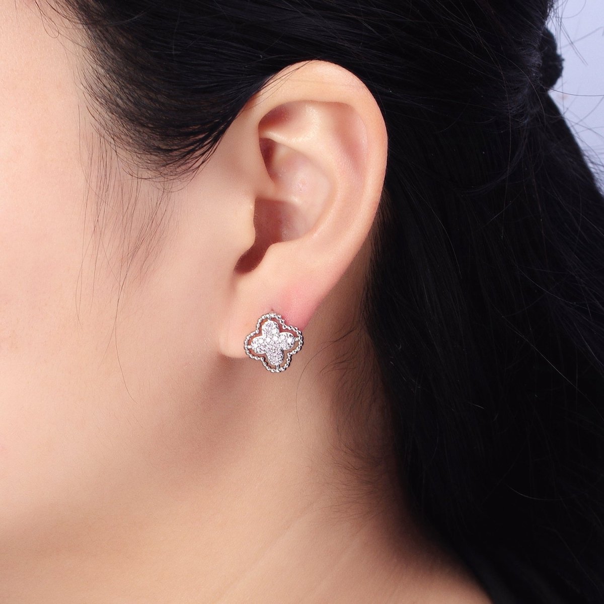 Green, Clear, Pink Micro Paved CZ Beaded Quatrefoil Clover Stud Earrings in Gold &amp; Silver | AB404 - AB409