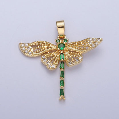Green Emerald CZ Dragon Fly Necklace Charm Gold Insect Pendant Jewelry X-324