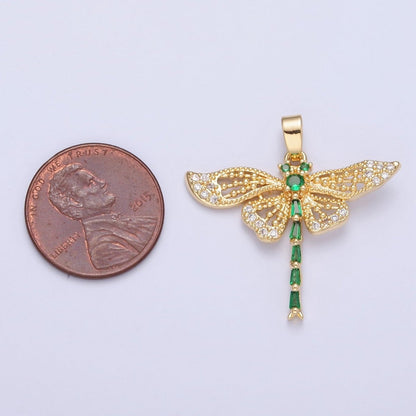 Green Emerald CZ Dragon Fly Necklace Charm Gold Insect Pendant Jewelry X-324