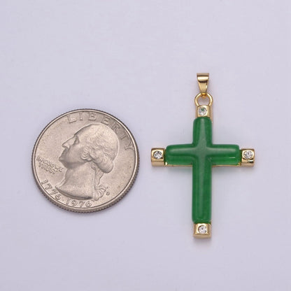 Green Jade Cross Pendant for Necklace 24K Gold Filled Cross AH-348