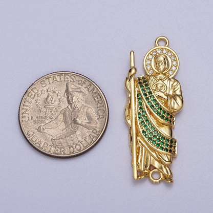 Green Micro Paved CZ Saint Jude Religious San Judas Tadeo Cadena Charm Connector for Bracelet  | Y-674