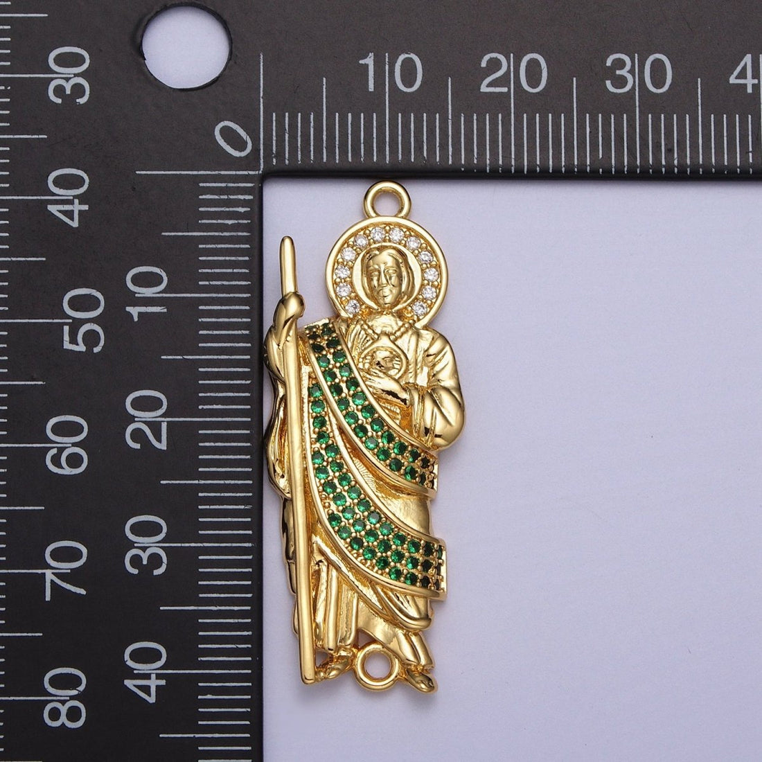 Green Micro Paved CZ Saint Jude Religious San Judas Tadeo Cadena Charm Connector for Bracelet  | Y-674