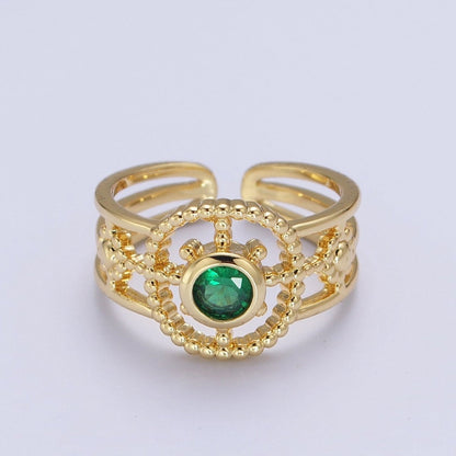 Green, Pink, Blue, Fuchsia, Purple, Black CZ Beaded Bubble Celestial Sun Flower Double Band Ring | O078 - O083
