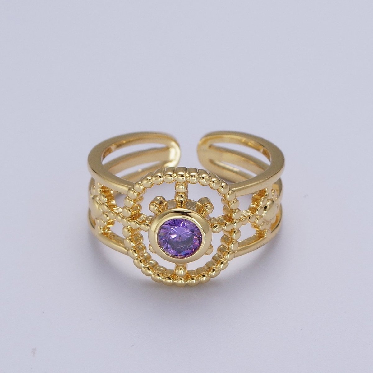 Green, Pink, Blue, Fuchsia, Purple, Black CZ Beaded Bubble Celestial Sun Flower Double Band Ring | O078 - O083