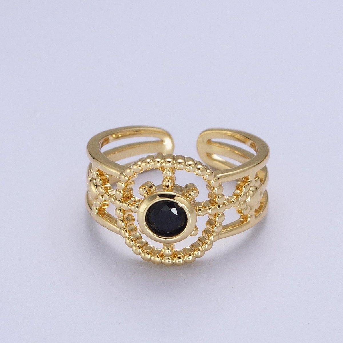 Green, Pink, Blue, Fuchsia, Purple, Black CZ Beaded Bubble Celestial Sun Flower Double Band Ring | O078 - O083